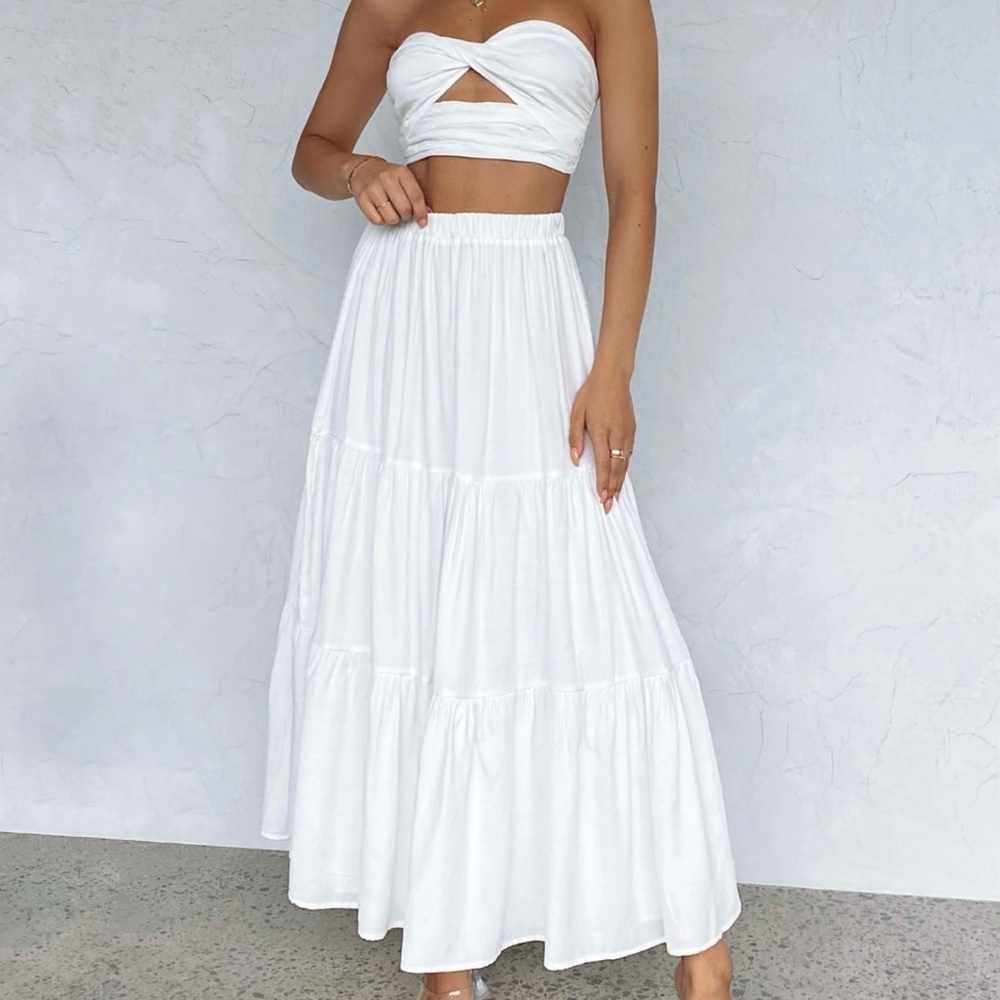White Fox Boutique White Strapless Top & Maxi Skirt Set